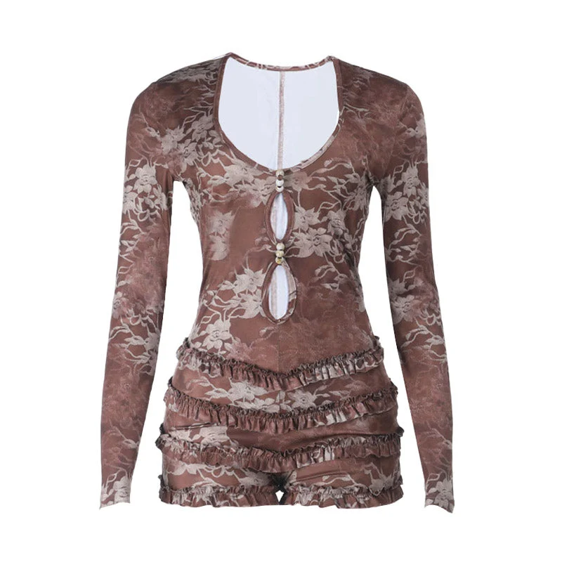 Cut out ruffle long sleeve print romper