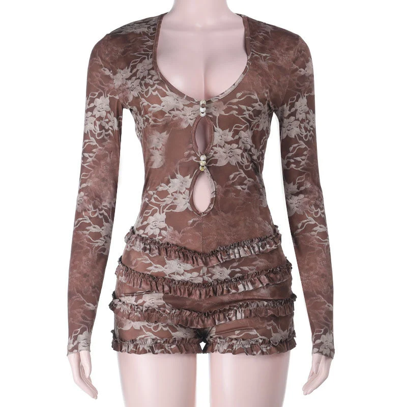Cut out ruffle long sleeve print romper