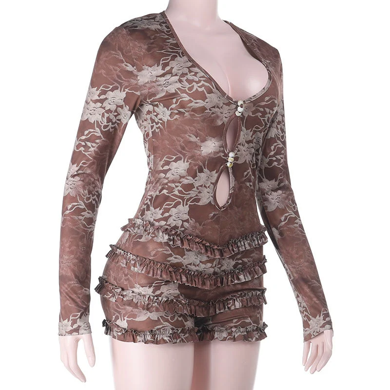 Cut out ruffle long sleeve print romper