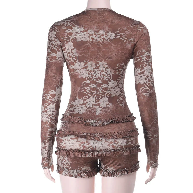 Cut out ruffle long sleeve print romper
