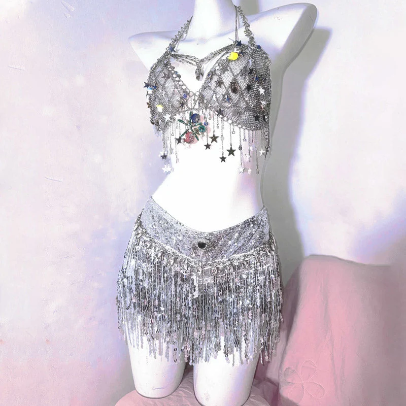 Metal chain v neck tassels hollow out cut out top