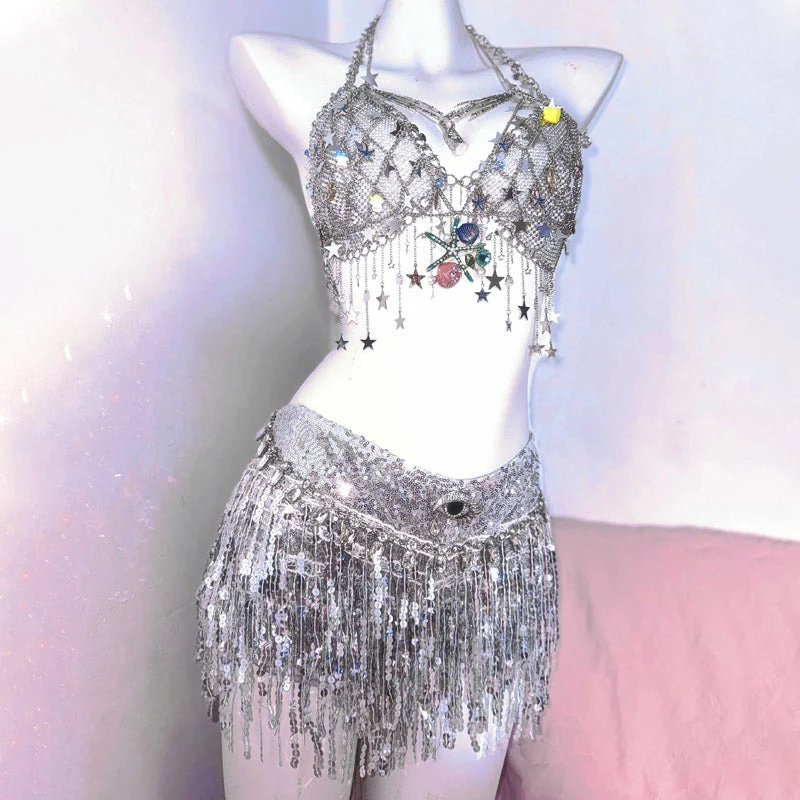 Metal chain v neck tassels hollow out cut out top