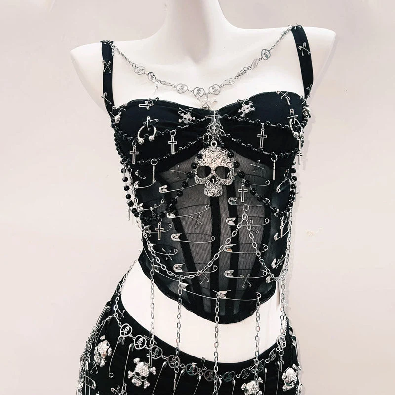 Corset metal chain skull applique cami top
