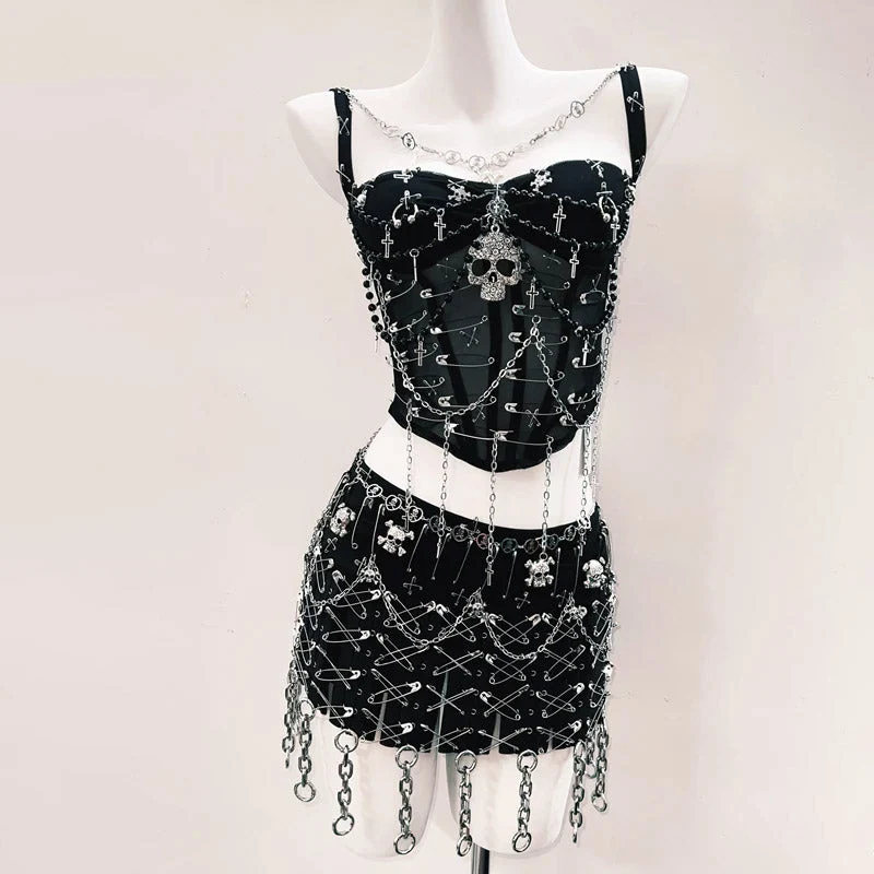 Corset metal chain skull applique cami top