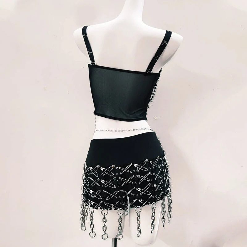Corset metal chain skull applique cami top