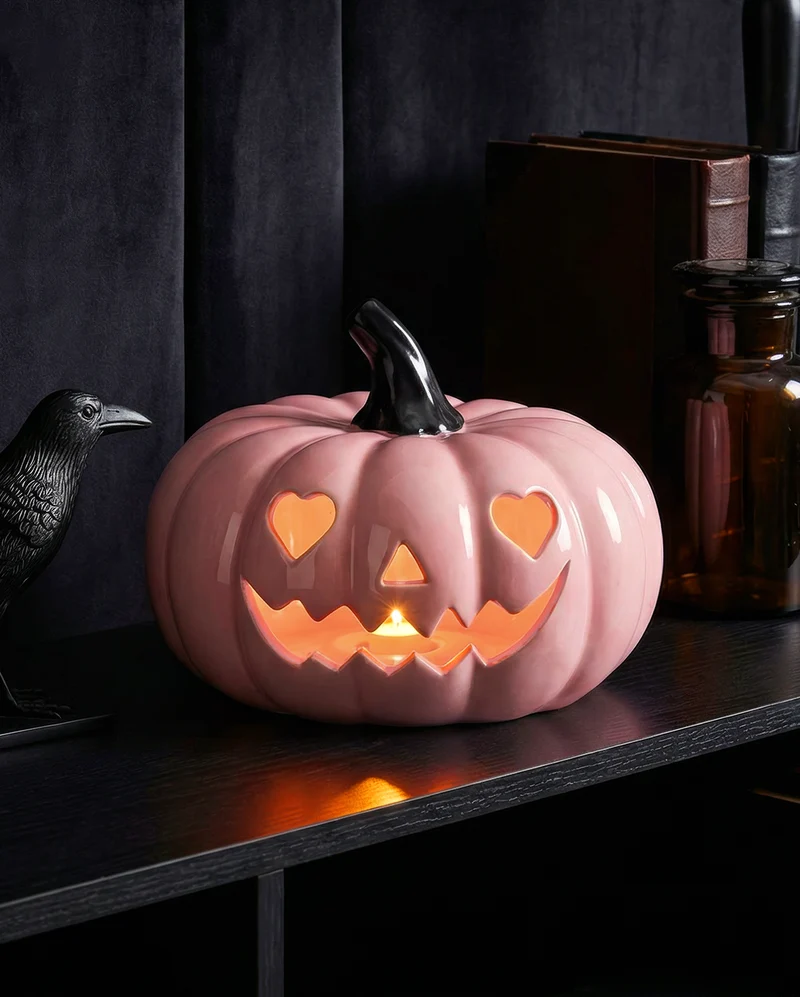 Rosa Summerween Keramik Kürbis mit LED 20cm