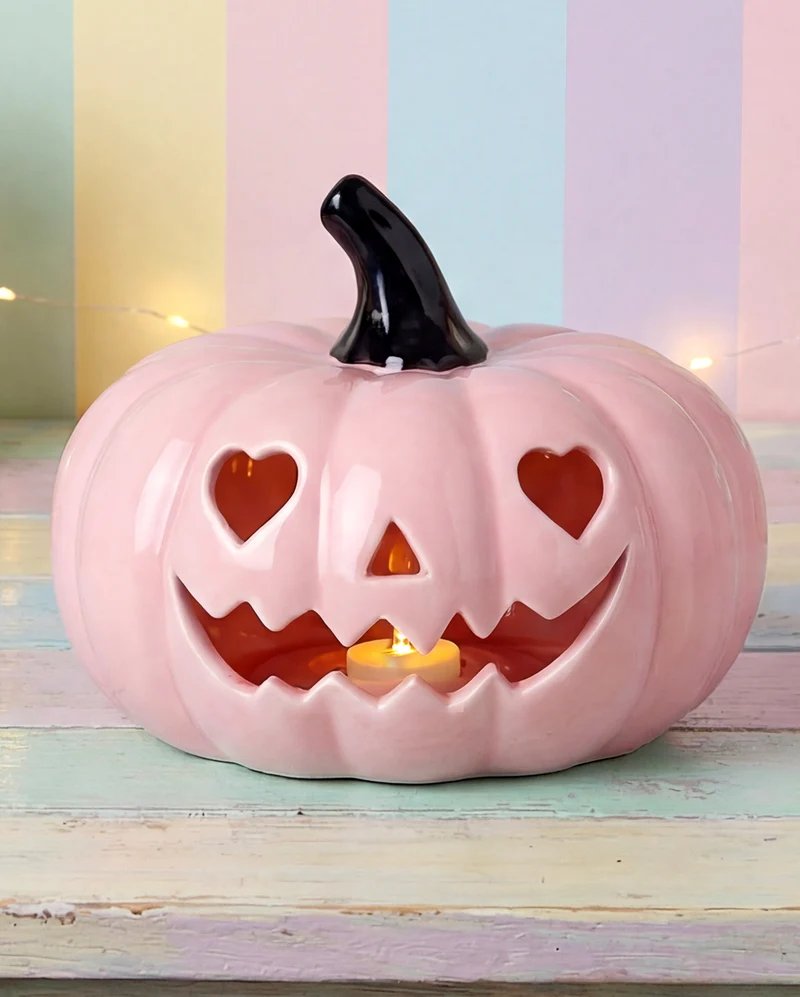 Rosa Summerween Keramik Kürbis mit LED 20cm