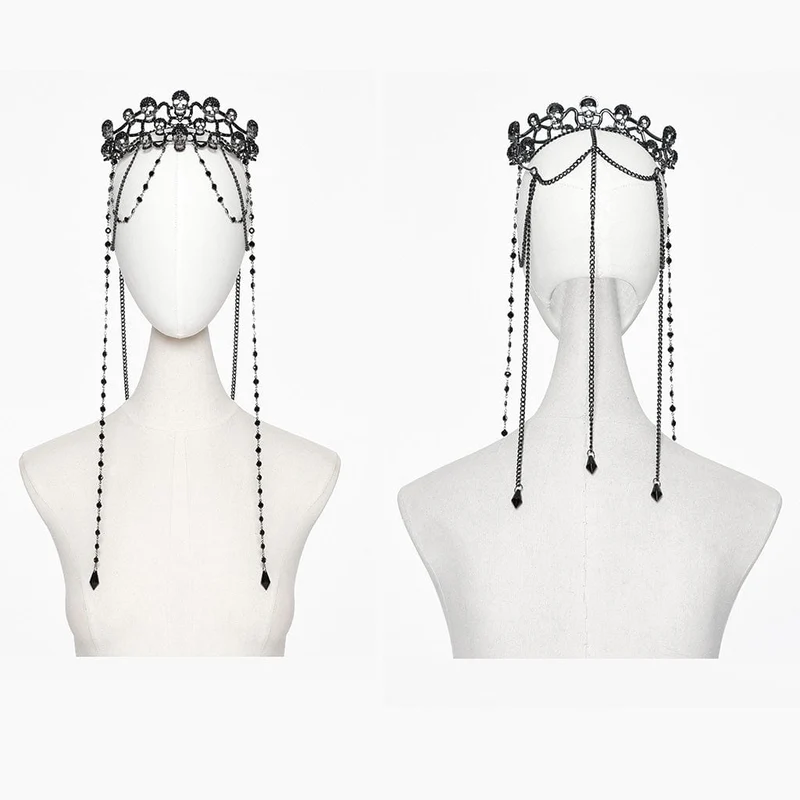 Gothic-Krone mit Totenkopf und Strasssteinen für Damen mit Perlenkette