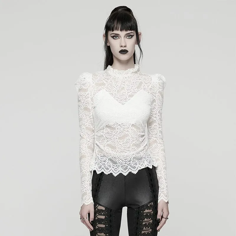Gothic-Spitzenhemd mit Stehkragen und Puffärmeln für Damen in Weiß