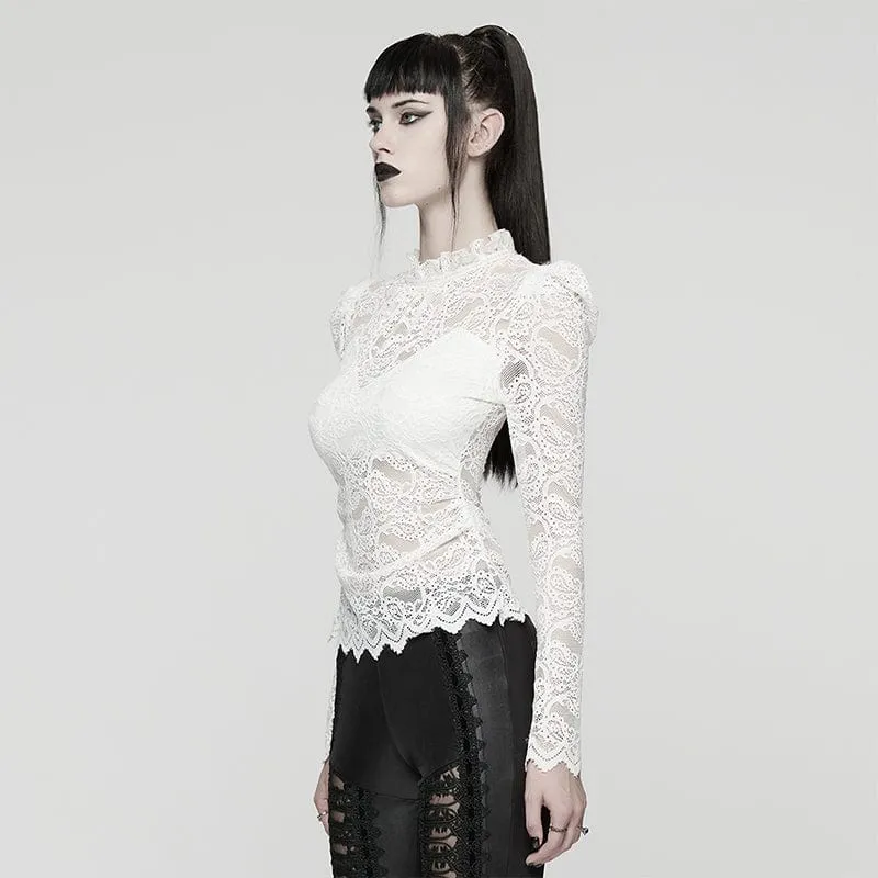 Gothic-Spitzenhemd mit Stehkragen und Puffärmeln für Damen in Weiß