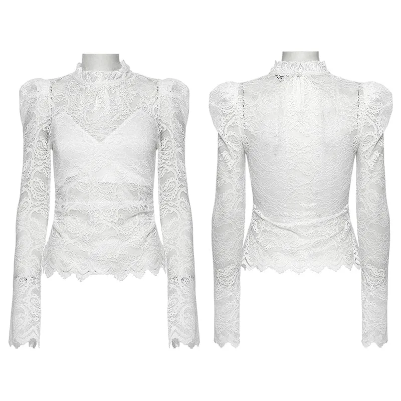 Gothic-Spitzenhemd mit Stehkragen und Puffärmeln für Damen in Weiß