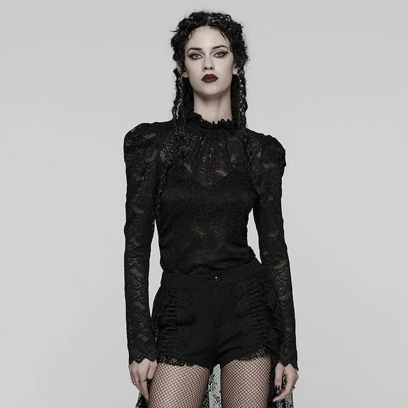 Gothic-Spitzenhemd mit Stehkragen und Puffärmeln für Damen in Schwarz