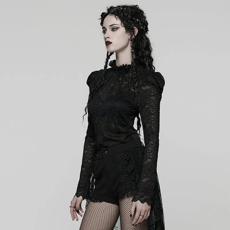 Gothic-Spitzenhemd mit Stehkragen und Puffärmeln für Damen in Schwarz