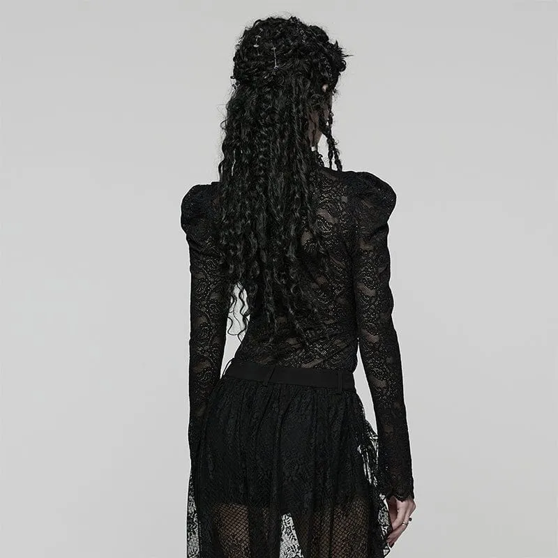 Gothic-Spitzenhemd mit Stehkragen und Puffärmeln für Damen in Schwarz