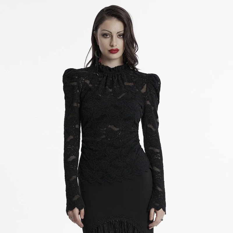 Gothic-Spitzenhemd mit Stehkragen und Puffärmeln für Damen in Schwarz