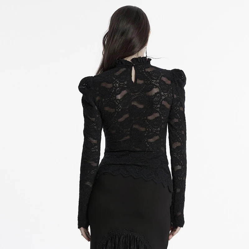 Gothic-Spitzenhemd mit Stehkragen und Puffärmeln für Damen in Schwarz