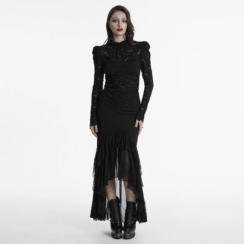 Gothic-Spitzenhemd mit Stehkragen und Puffärmeln für Damen in Schwarz