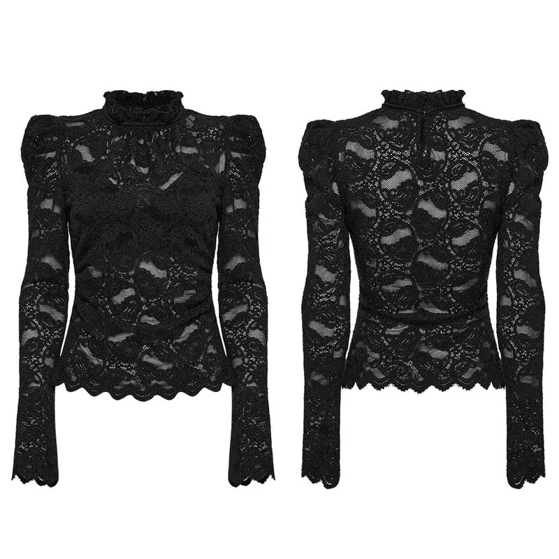 Gothic-Spitzenhemd mit Stehkragen und Puffärmeln für Damen in Schwarz