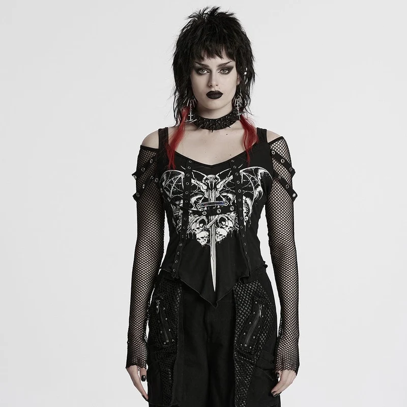 Damen-Mesh-Splice-Shirt mit Punk-Ausschnitt und Totenkopf-Print