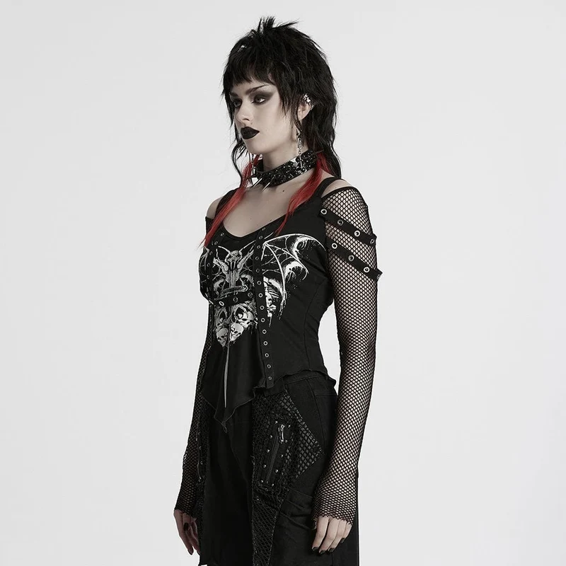 Damen-Mesh-Splice-Shirt mit Punk-Ausschnitt und Totenkopf-Print