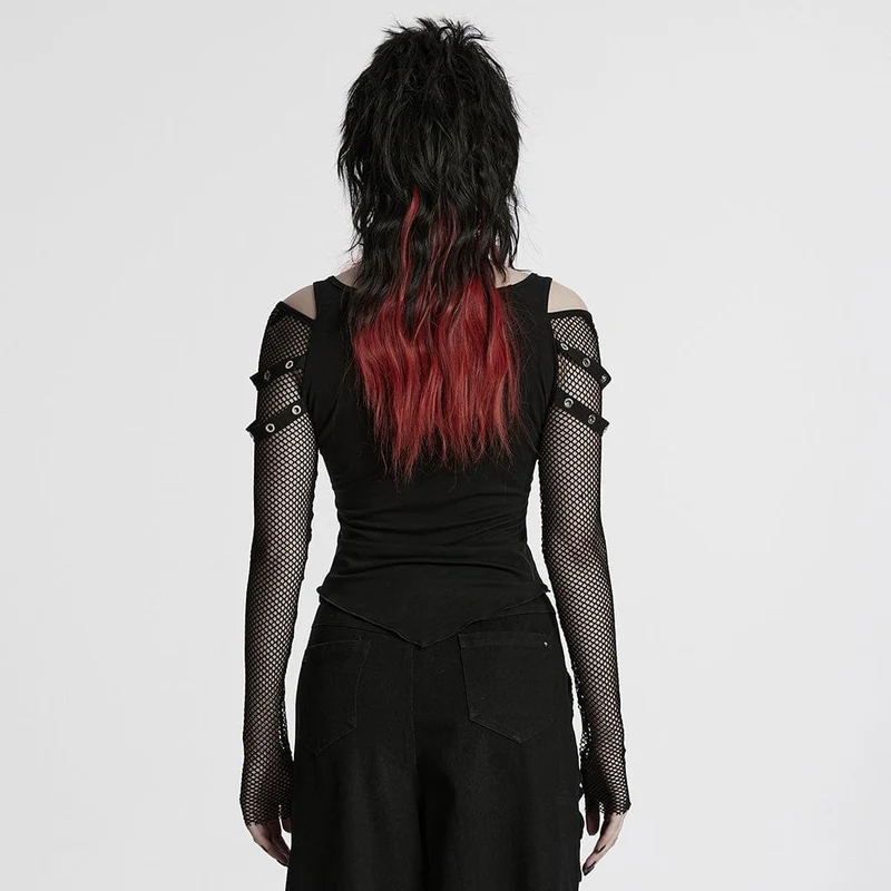 Damen-Mesh-Splice-Shirt mit Punk-Ausschnitt und Totenkopf-Print