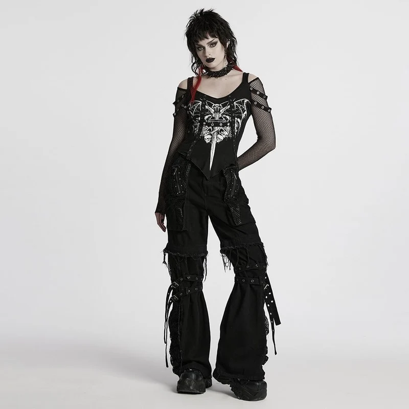 Damen-Mesh-Splice-Shirt mit Punk-Ausschnitt und Totenkopf-Print