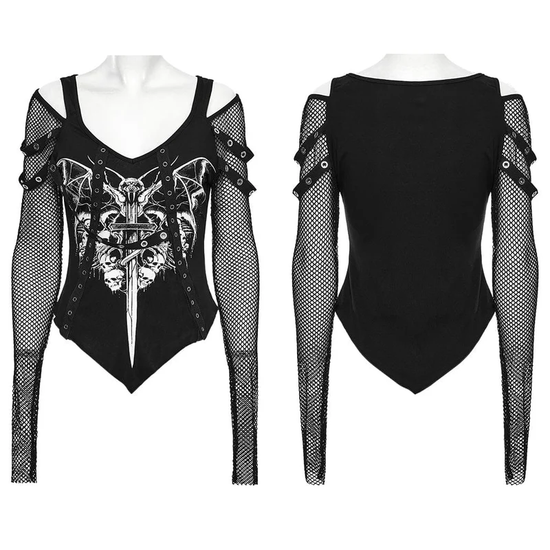Damen-Mesh-Splice-Shirt mit Punk-Ausschnitt und Totenkopf-Print