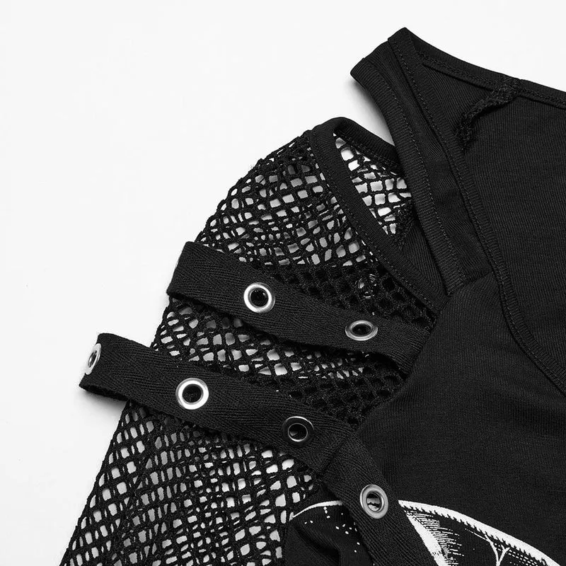 Damen-Mesh-Splice-Shirt mit Punk-Ausschnitt und Totenkopf-Print