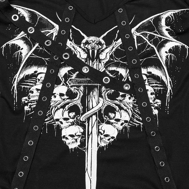 Damen-Mesh-Splice-Shirt mit Punk-Ausschnitt und Totenkopf-Print