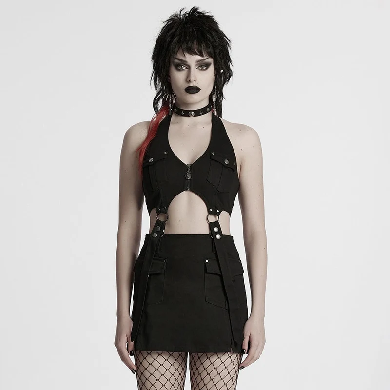 Punk-Neckholder-Tanktop mit mehreren Taschen und Rock für Damen