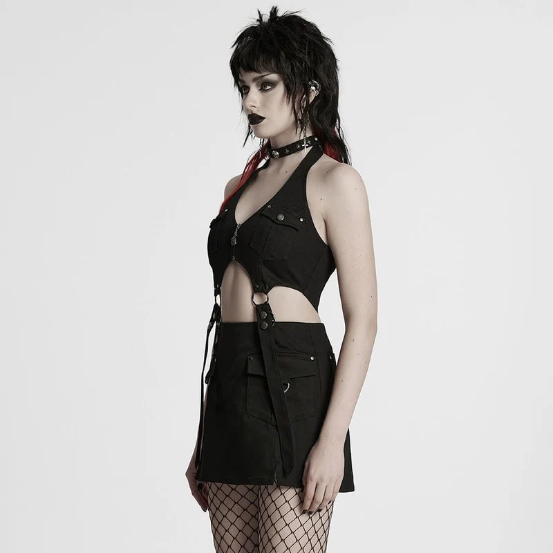 Punk-Neckholder-Tanktop mit mehreren Taschen und Rock für Damen