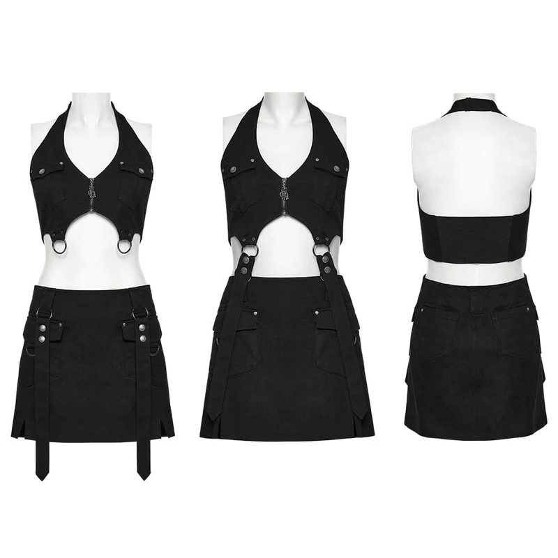 Punk-Neckholder-Tanktop mit mehreren Taschen und Rock für Damen