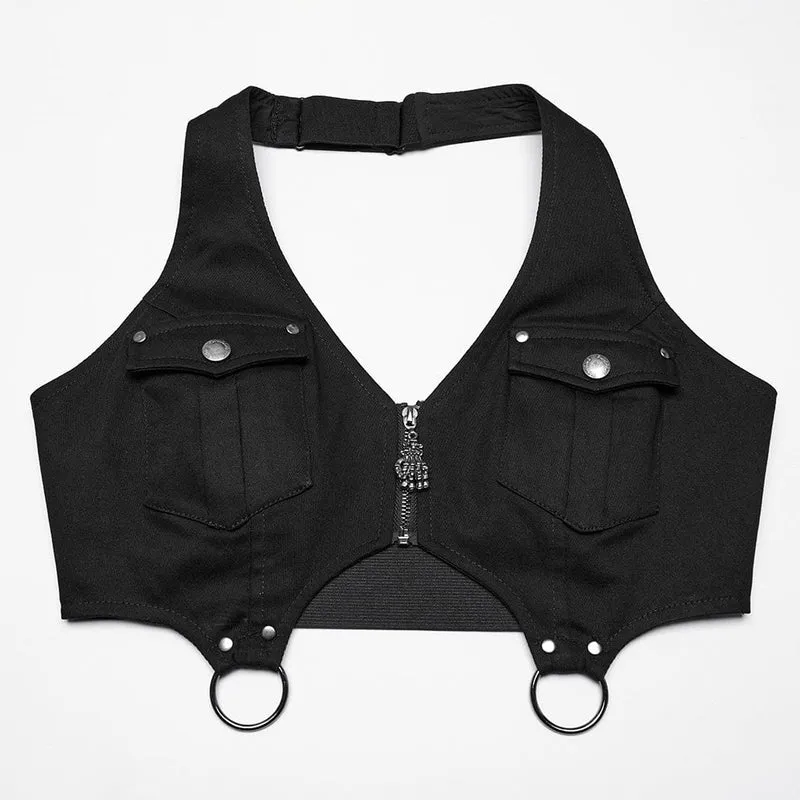Punk-Neckholder-Tanktop mit mehreren Taschen und Rock für Damen
