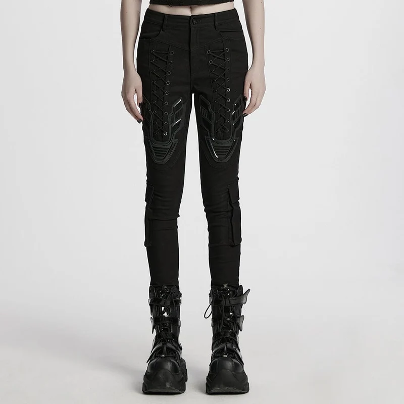 Cyberpunk-Leggings mit Riemchen und großen Taschen für Damen