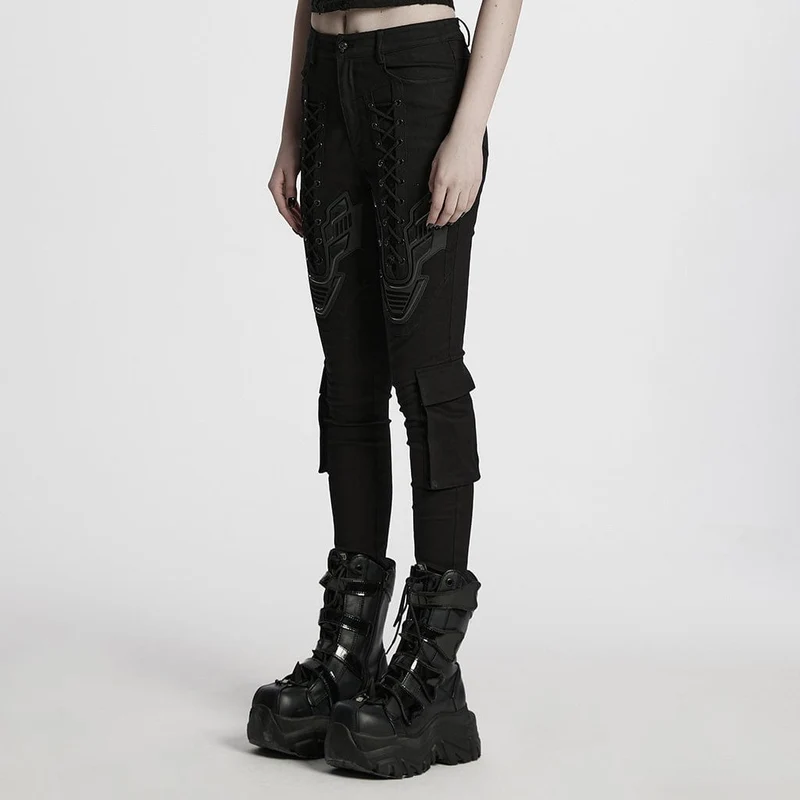 Cyberpunk-Leggings mit Riemchen und großen Taschen für Damen
