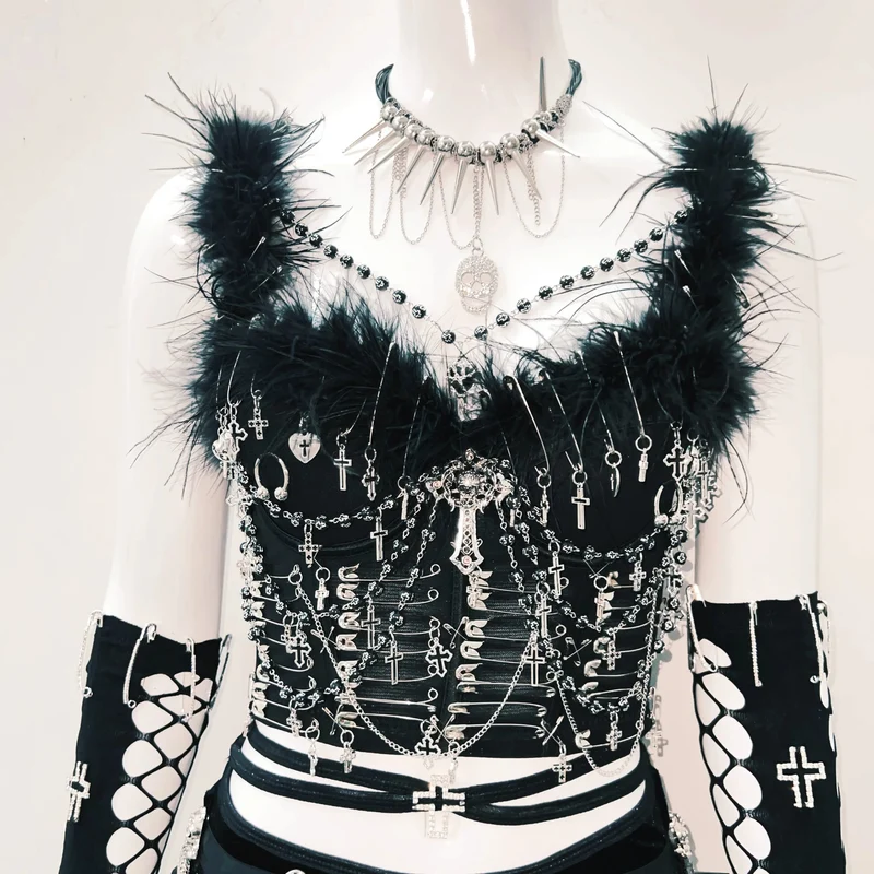Feather metal chain beaded v neck cami top