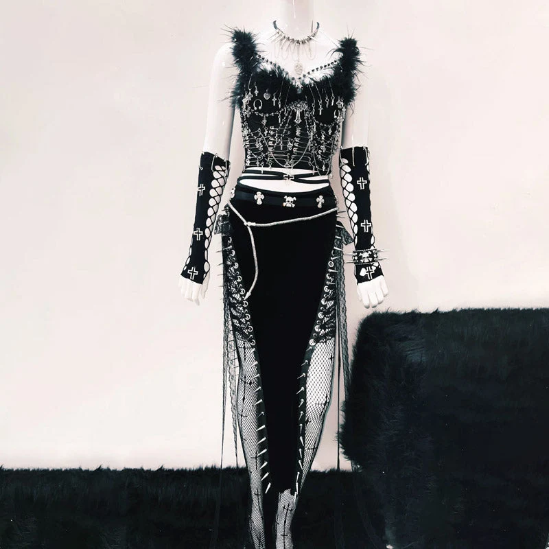 Feather metal chain beaded v neck cami top