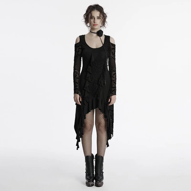 Gothic-Hexenkleid mit unregelmäßigen, schulterfreien Rüschen für Damen