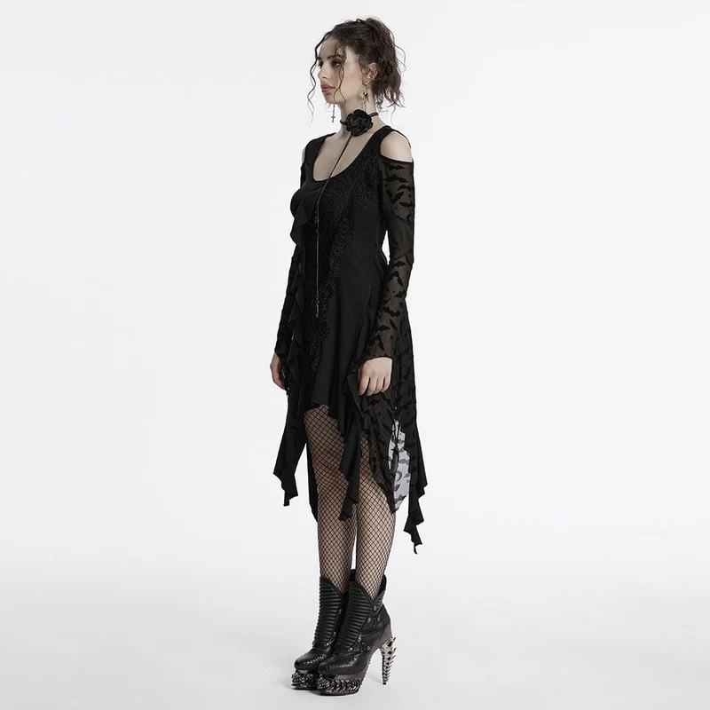 Gothic-Hexenkleid mit unregelmäßigen, schulterfreien Rüschen für Damen