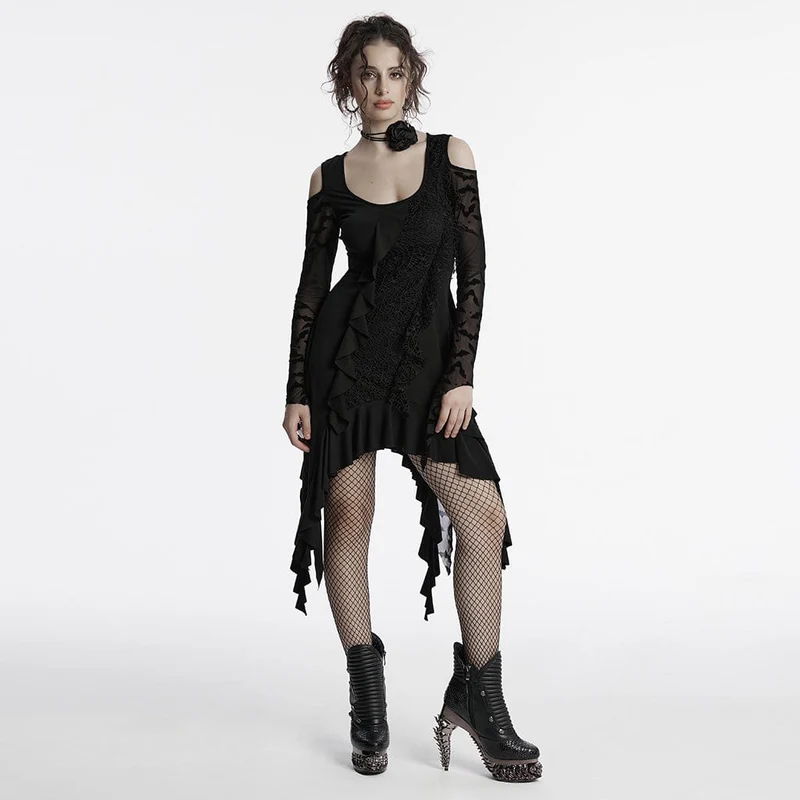 Gothic-Hexenkleid mit unregelmäßigen, schulterfreien Rüschen für Damen