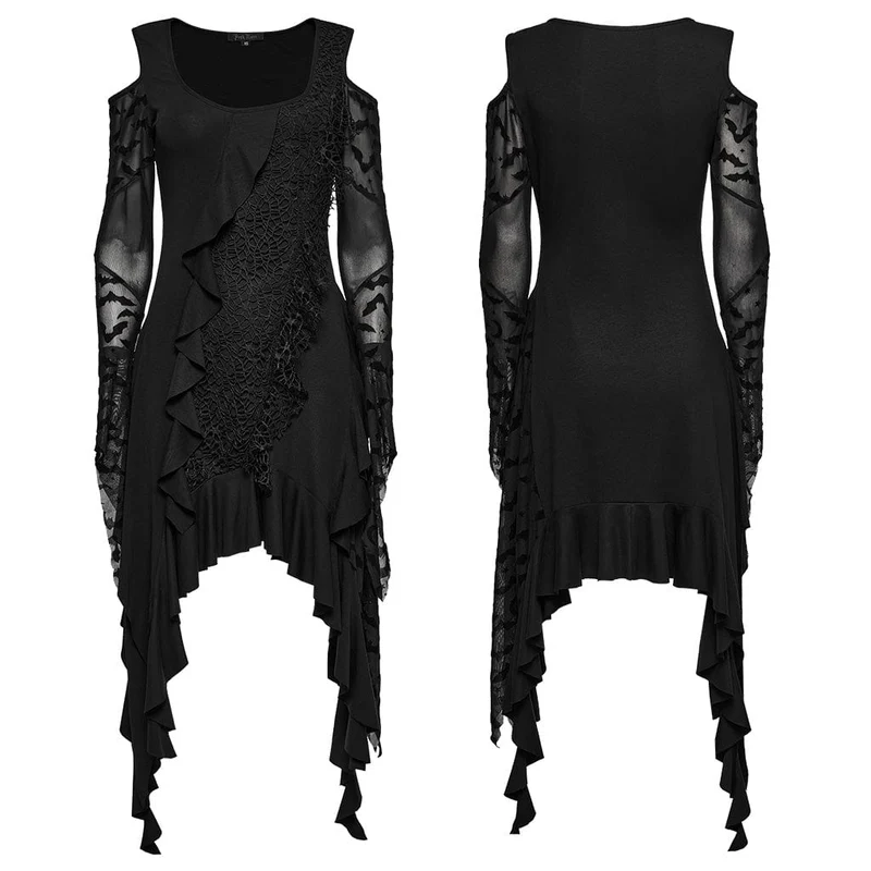 Gothic-Hexenkleid mit unregelmäßigen, schulterfreien Rüschen für Damen
