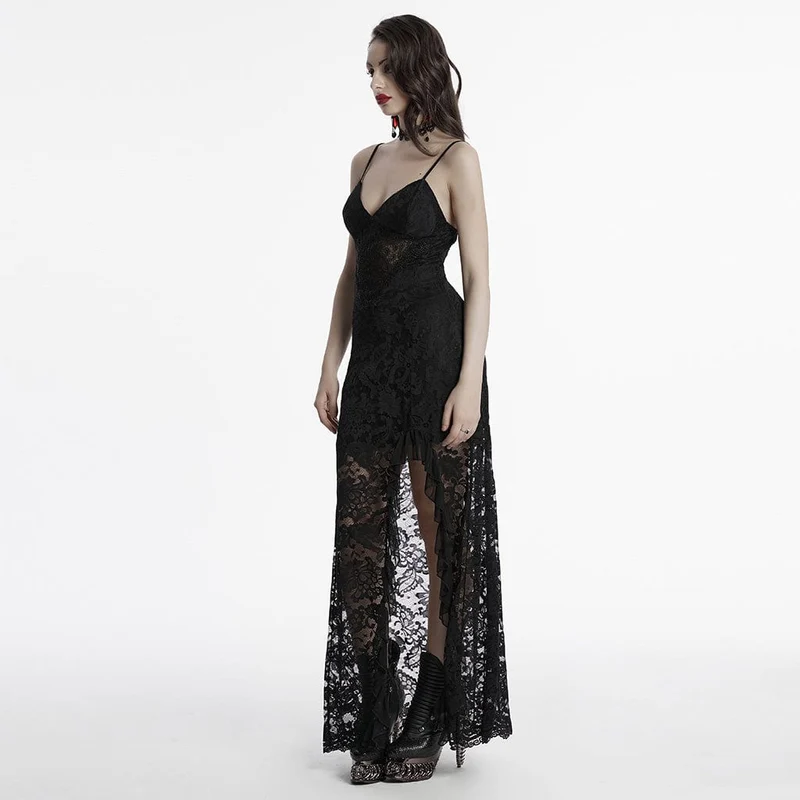 Gothic-Abendkleid aus Spitze mit tiefem Ausschnitt und Schlitz für Damen