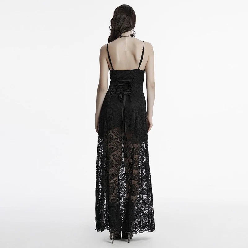 Gothic-Abendkleid aus Spitze mit tiefem Ausschnitt und Schlitz für Damen