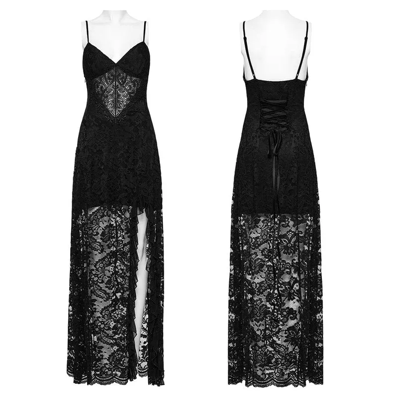 Gothic-Abendkleid aus Spitze mit tiefem Ausschnitt und Schlitz für Damen