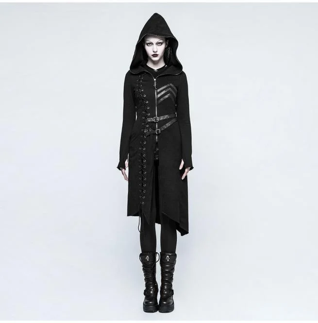 Asymmetrischer Strickmantel mit Kapuze und Gürtel für Damen