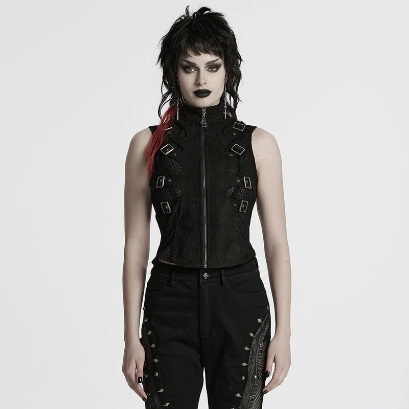 Damen Punk Mesh Splice Schnallenweste