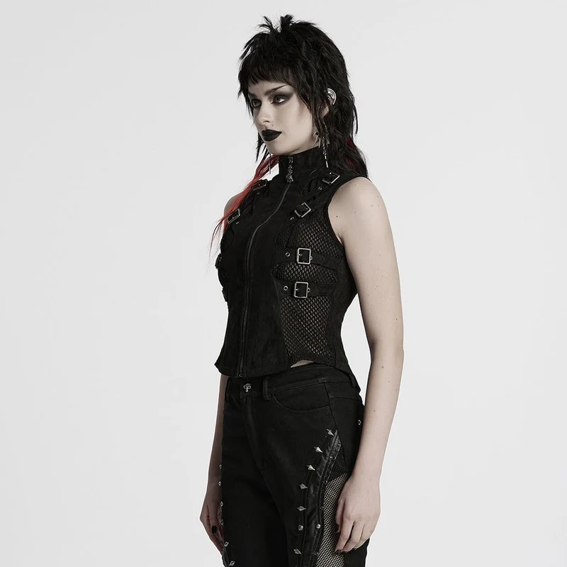 Damen Punk Mesh Splice Schnallenweste