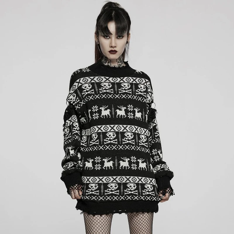 Damen Grunge Skull Deer Lockerer Pullover
