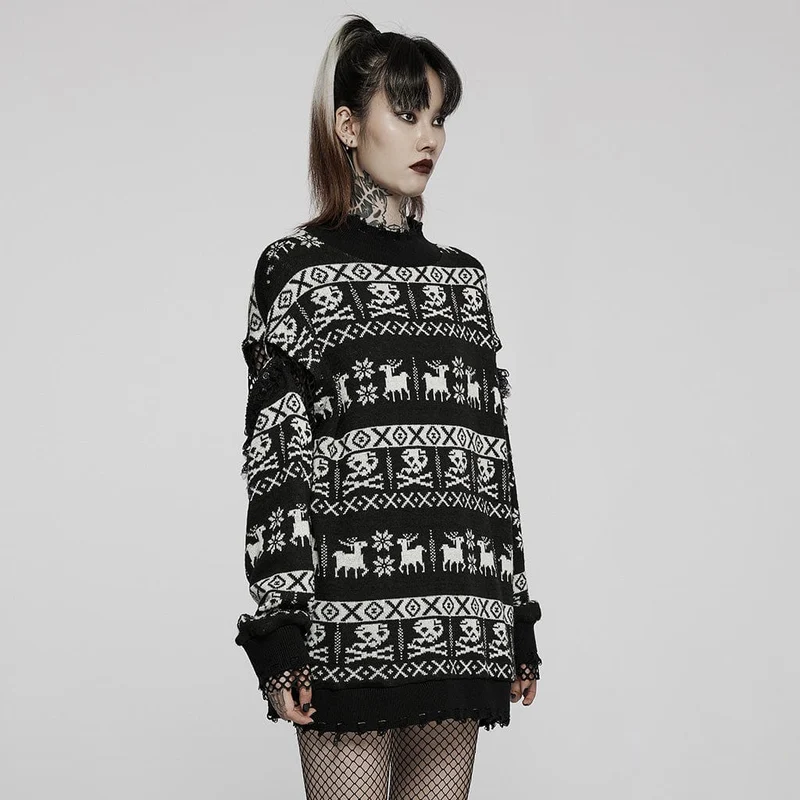 Damen Grunge Skull Deer Lockerer Pullover