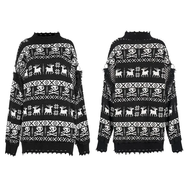 Damen Grunge Skull Deer Lockerer Pullover
